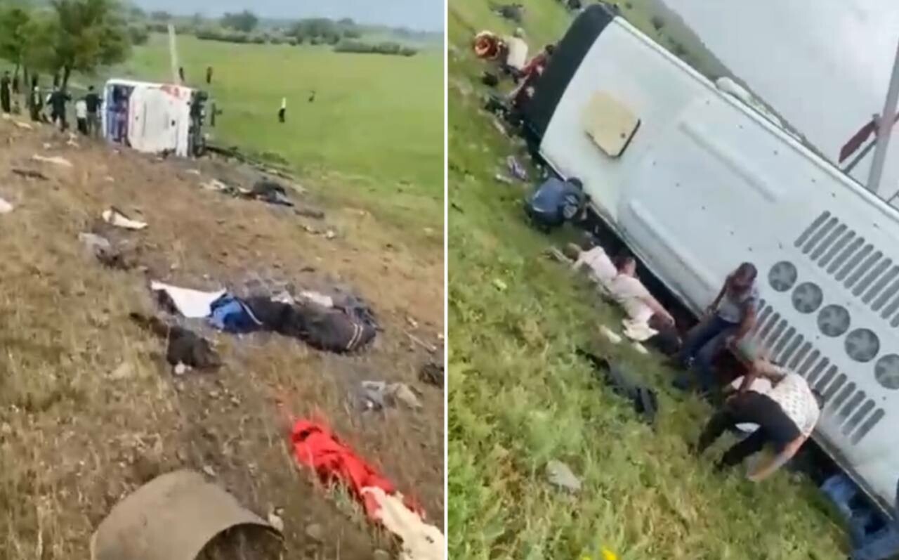 Окровавленные люди и разбросанные вещи: видео перевернувшегося в Казахстане автобуса (18+)