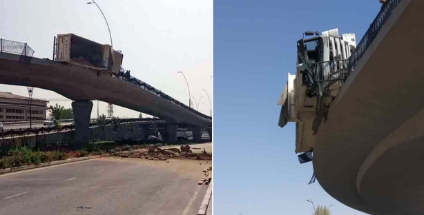 Груженный мусором грузовик едва не сорвался с моста в Ташкенте