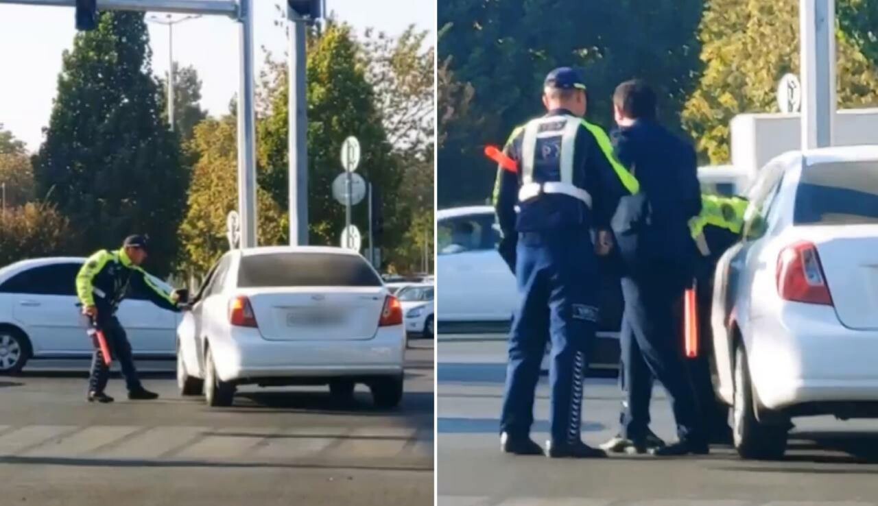 В Ташкенте инспектор ДПС и водитель подрались прямо посреди дороги — видео