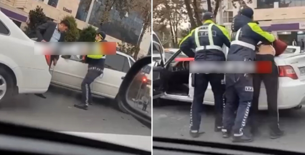 В Ташкенте инспектор ДПС выбил окно автомобиля и силой вытащил водителя — видео