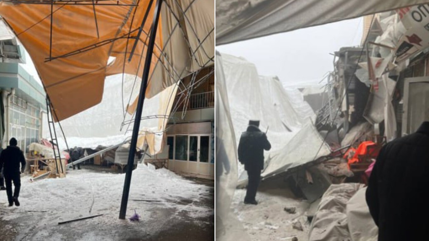 В Ташкенте на рынке «Ипподром» под тяжестью снега рухнул навес — видео