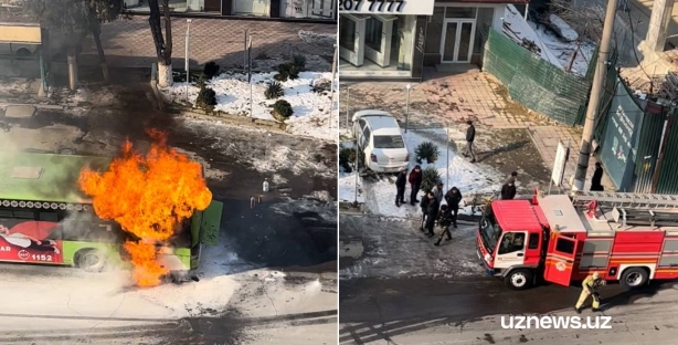 В Ташкенте на ходу загорелся пассажирский автобус — видео