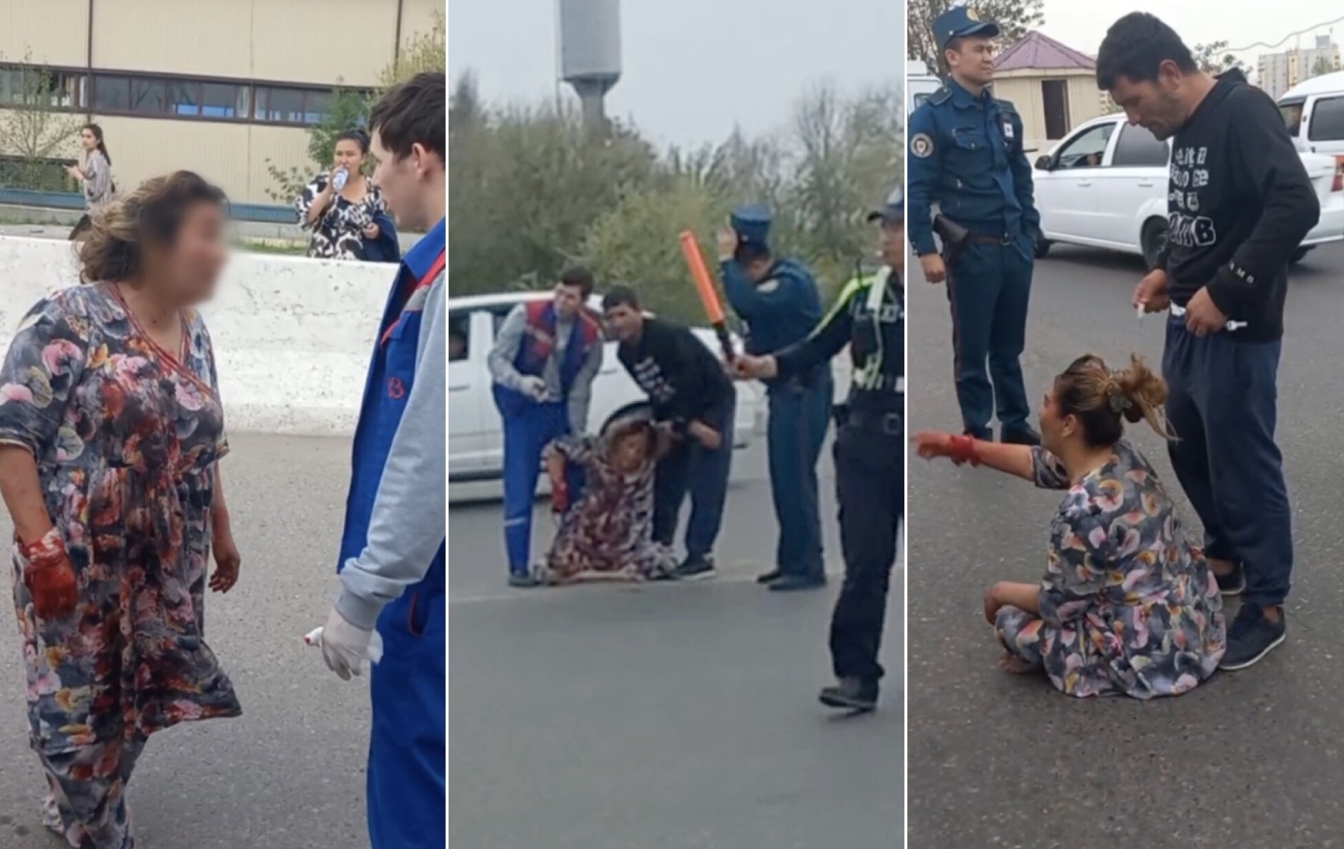 В Ташкенте женщина с окровавленной рукой, игнорируя медиков, уселась на проезжей части дороги — видео
