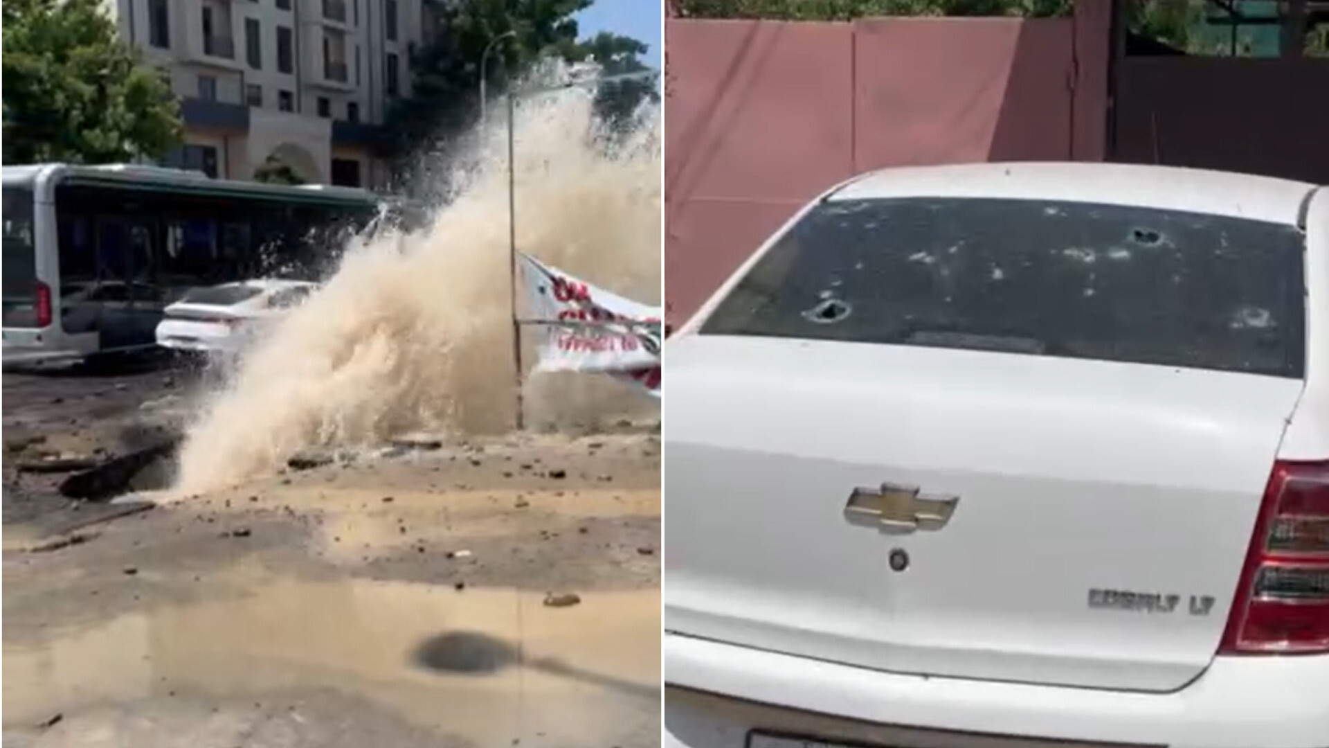 В Ташкенте поток воды из прорванной трубы повредил автомобиль — видео