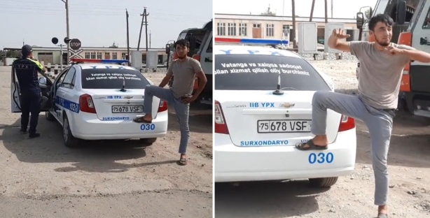 В Сурхандарье гражданин, демонстративно поставивший ногу на бампер автомобиля ДПС, получил 5 суток ареста — видео