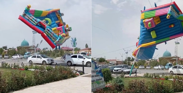 Навоийда болалар ўйнайдиган "батут" қаттиқ шамолда учиб кетди